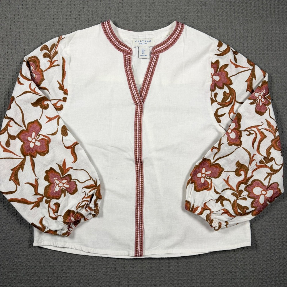 Calypso St. Barth White Peasant Blouse with Pink and Brown Floral Embroidery